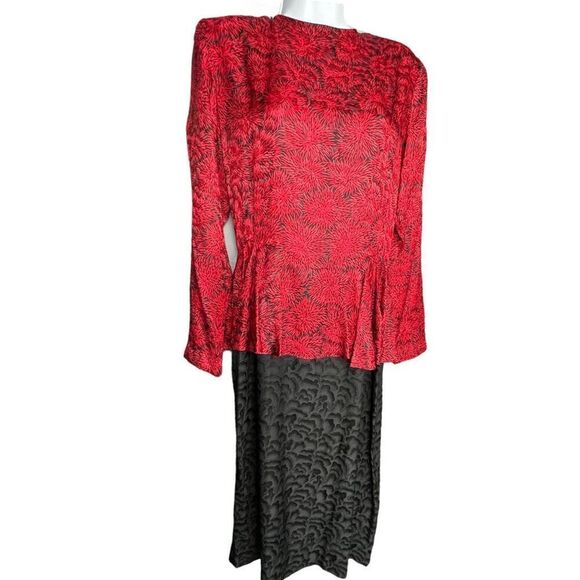 Silk Studio Women's Patterned Long Sleeve Vintage Peplum Dress Red Black Sz 12 - Picture 3 of 9